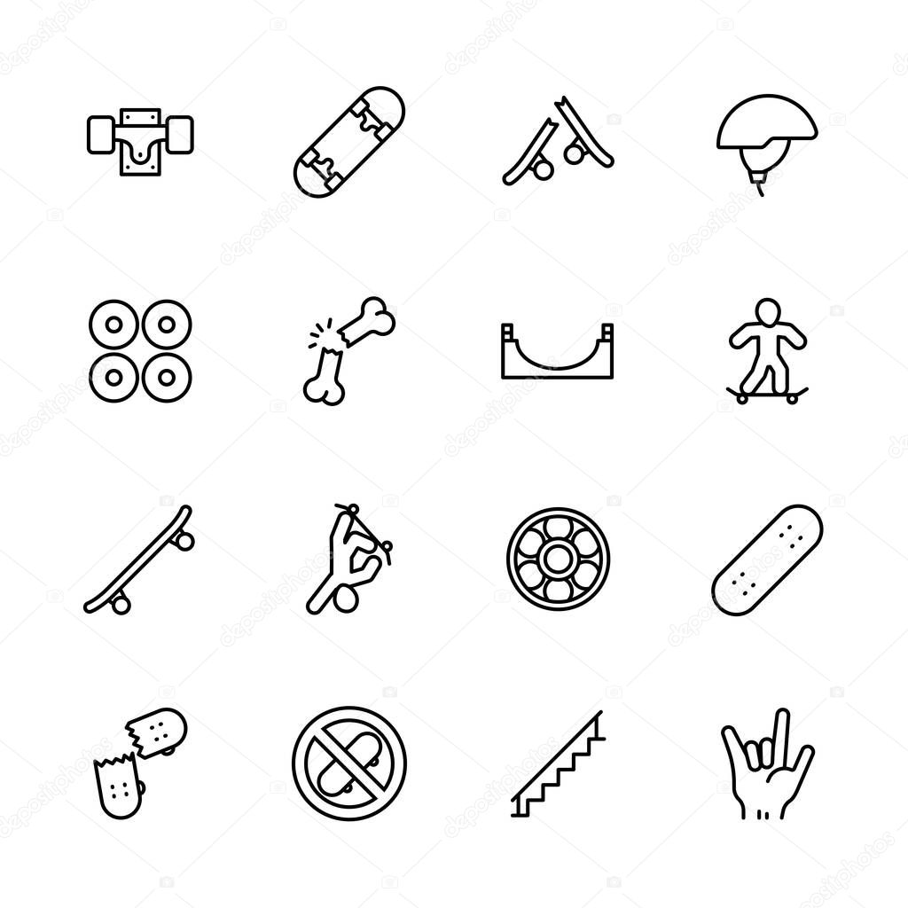 Simple icon set skateboarding and youth sport. Contains such symbols skateboard, wheels, extreme sports, injuries, stunts, skills.
