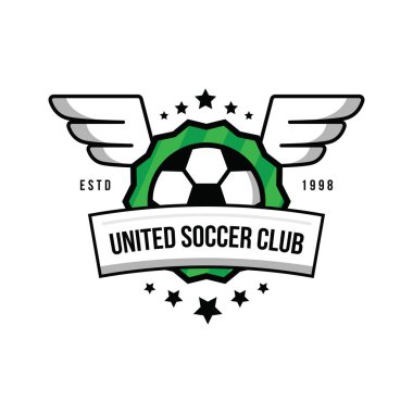 Futbol takım logosu bir top ve kanatlar üzerinde yeşil bir arka plan ile. Rozet futbol takımı. Top, yıldız, kanatlar, kalkan, yeşil çim.