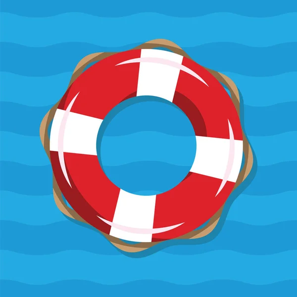 Life buoy illustration on blue sea background. Red and white lifebuoy with stripes for sos emergency, for safety in water with drowning people. Floating device for shipwreck survivals. — Stock Photo, Image