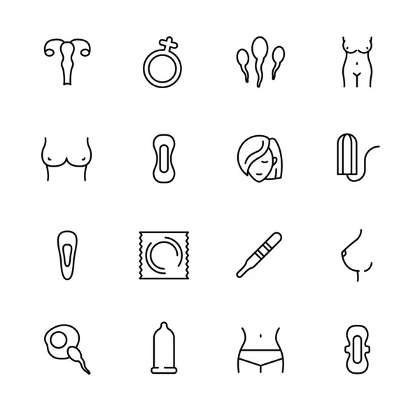 Simple icon set woman health, family planning and pregnancy. Ovulation and menstruation. Intimate relationships and sex life. Contains such symbols gaskets, tampons, hygiene, condom, mammary glands. — Stock Photo, Image