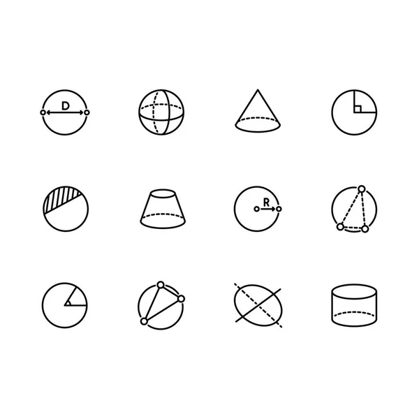 Set jednoduchých geometrických tvarů obrázku čáry. Obsahuje takové ikony kruh, koule, válec, kužel, jehlan, poloměr, stupeň úhlu a další. — Stock fotografie