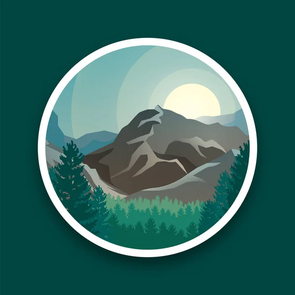 Berggipfel, Sonne und grüne Wälder illustrieren Landschaft in Runde. Illustration Berglandschaft, Sonnenuntergang und grüner Wald. — Stockfoto