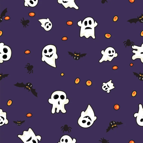 Patrón de Halloween murciélagos negros, fantasma blanco y calabaza naranja sobre fondo violeta —  Fotos de Stock