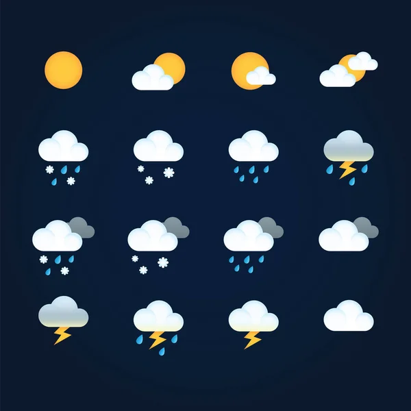 Icônes météorologiques soleil et nuages dans le ciel, pluie avec neige, tonnerre et foudre. Illustration plate météo et météorologie pour application mobile et web . — Photo