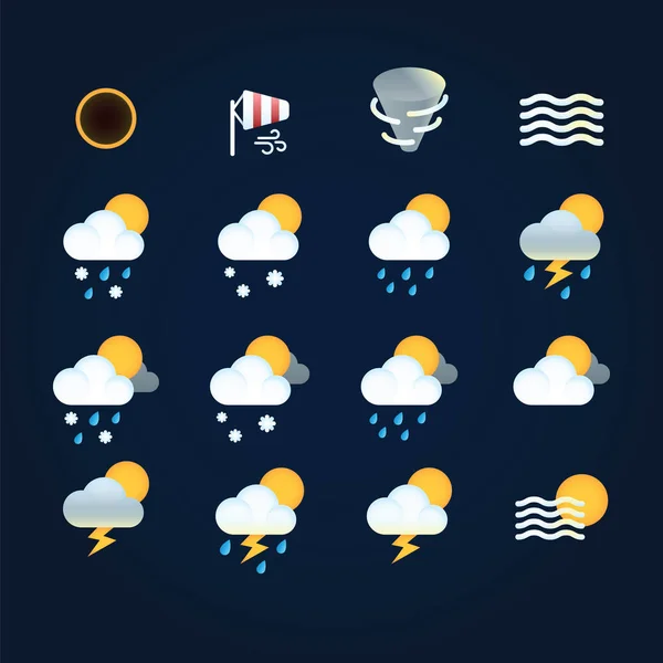 Weather icons sun and clouds in sky, rain with snow, thunder and lightning at hurricane. Flat illustration weather and meteorology for mobile and web application. — Stock Photo, Image