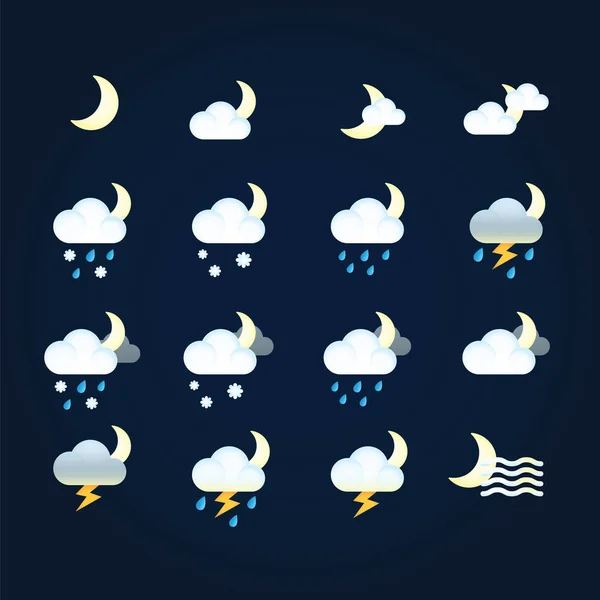 天気アイコンの太陽と夜の空、雪、雷と稲妻と雨の雲。Web アプリケーションと携帯電話用気象フラット図天気. — ストック写真