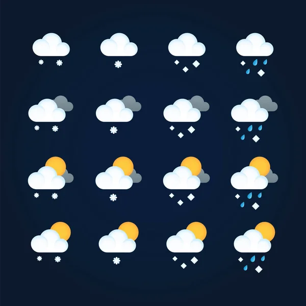 Weather icons sun and clouds in summer sky, rain with snow in winter sky. Flat illustration icon weather and meteorology for mobile and web application.