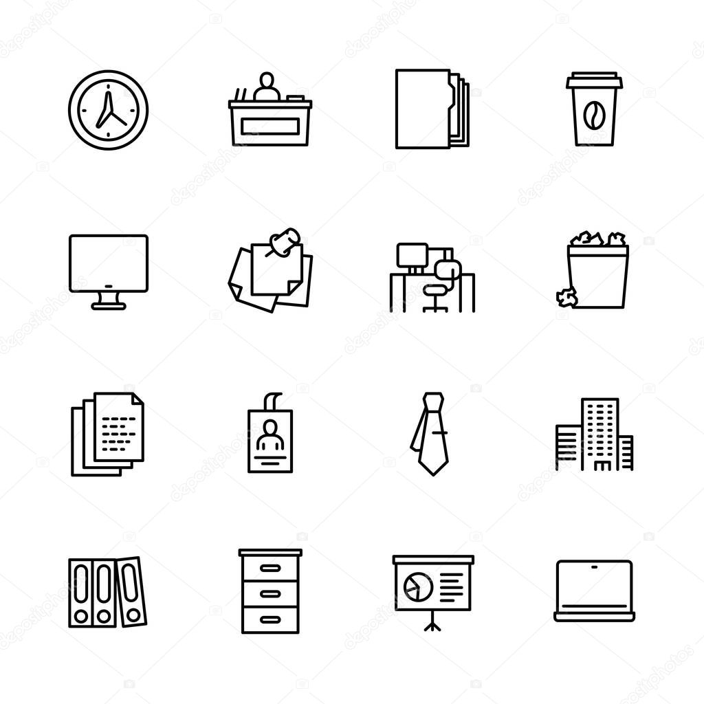 Simple set symbols business office and work place. Contains such icon time and hours, business folders and paper documents, computer and laptop.