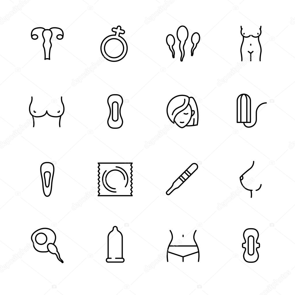Simple icon set woman health, family planning and pregnancy. Ovulation and menstruation. Intimate relationships and sex life. Contains such symbols gaskets, tampons, hygiene, condom, mammary glands.