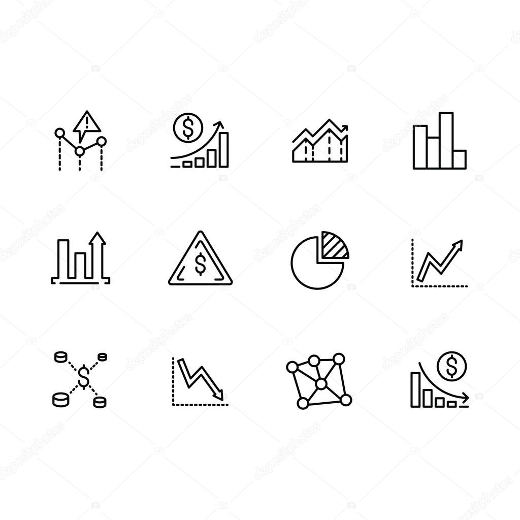 Set line icons data analytics, strategy, business analysis and business planning, financial graphs and diagrams isolated on white background.