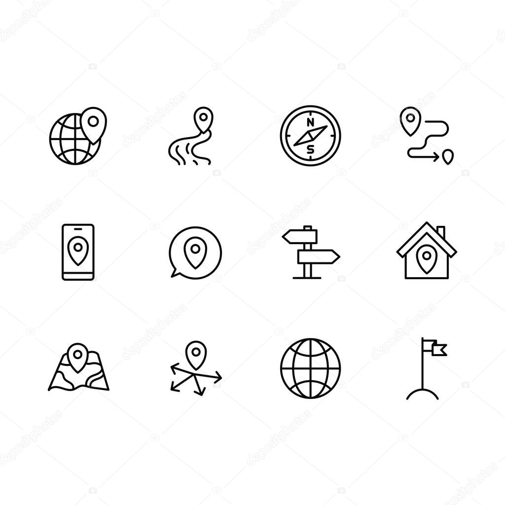 Simple set map pointer, navigation, globe, travel, location illustration line icon. Contains such icons arrows, map with pin, route, mobile app, navigator, compass, direction, destination and more.