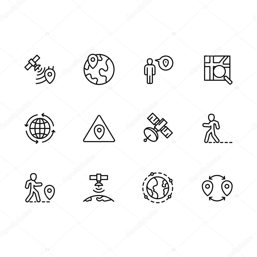Simple set map pointer, navigation, globe, travel, location illustration line icon. Contains such icons map with pin, route, mobile app, gps navigator, destination and more.