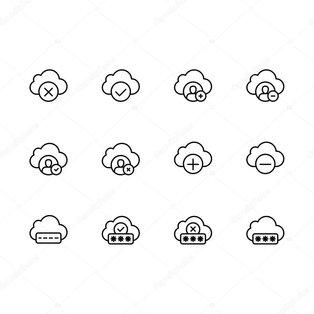 Simple set cloud storage illustration line icon. Contains such icons data synchronization, cloud storage and security of photo, image. Data exchange between users, personal documents and other