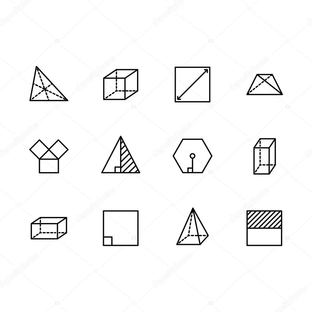 Simple set geometric figures illustration line icon. Contains such square, cube, rectangle, hexagon, triangle, trapezium, angles and lines, degree of angle and other.