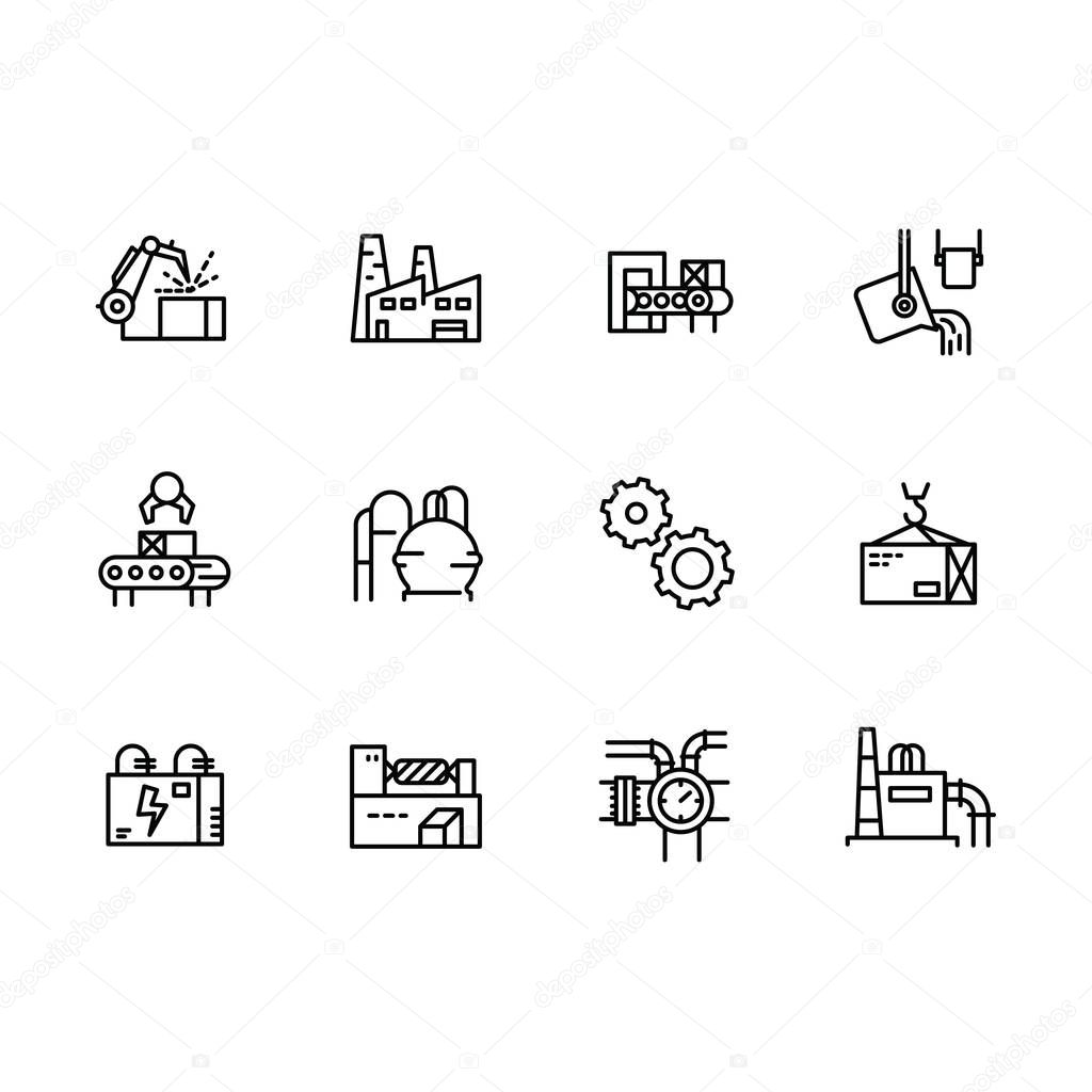 Simple set industry, production and factory illustration line icon. Contains such industrial machines, manufacturing plant, bench, equipment, conveyor, loading, compressor, gears and other.