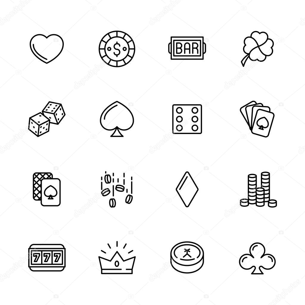 Simple icon set casino, gambling and card games. Contains such symbols dice, cards, suit, chips, money, bets, jackpot, slot machines.