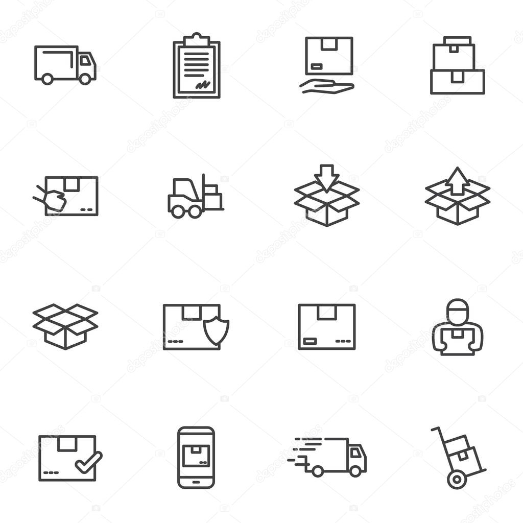 Set order and courier delivery goods, courier service, warehouse illustration icons