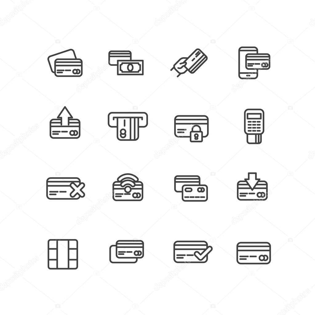 Set payment by bank plastic card for shopping, payment terminal illustration icons