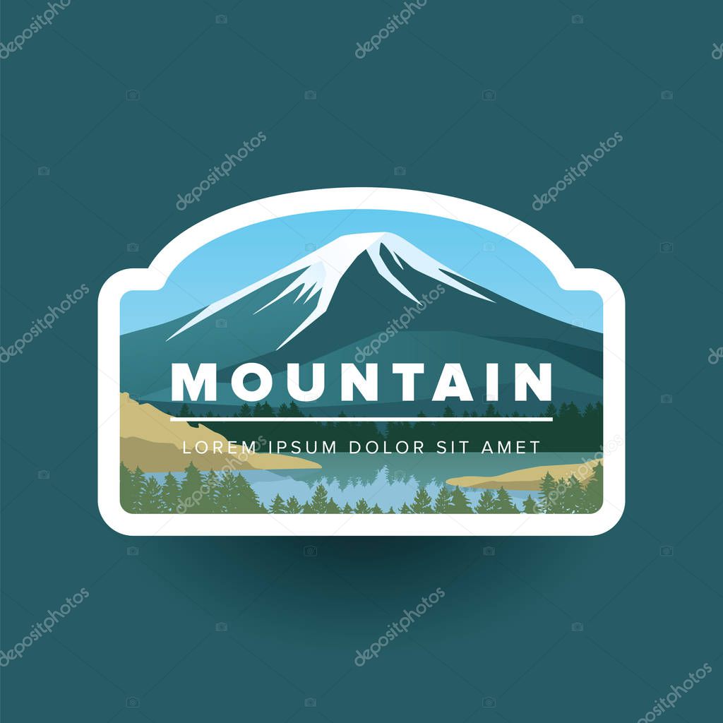 Mountain with snowy peak and river illustration landscape in round.  illustration mountain valley, lake and green forest. Ideas for company style or logo
