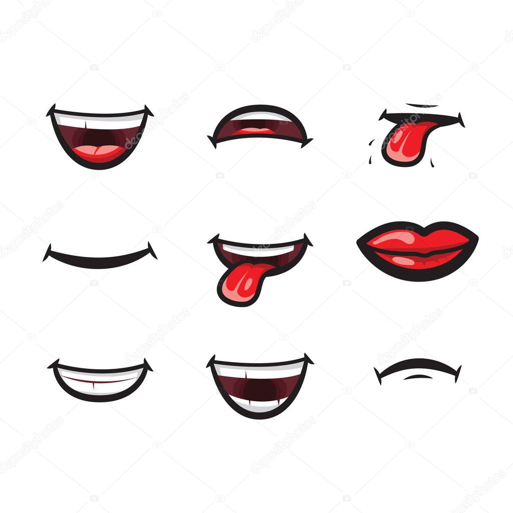 Smiling lips, mouth with tongue, white toothed smile and sad expression mouth and lips illustration icon. Lips and mouth expressing different emotions, funny and sad smiles isolated on white