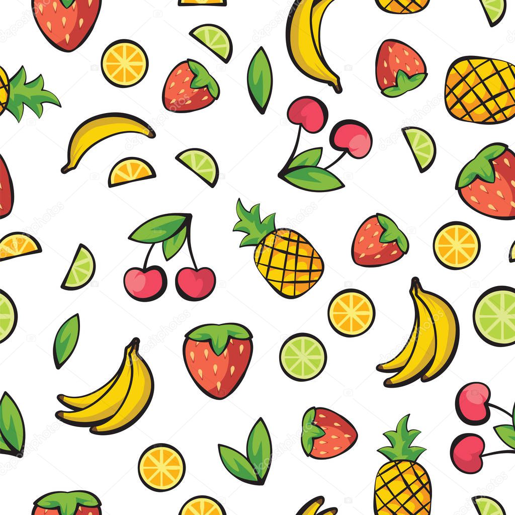 Banana, cherry, lemon, lime, pineapple, strawberry on white background pattern