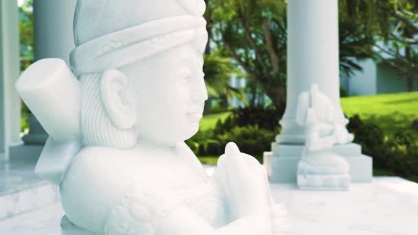 Esculturas decorativas de piedra sobre columnas fondo de mansión en jardín tropical de verano. Lujosa casa de arquitectura con estatuas en el porche en el jardín de verano . — Vídeo de stock