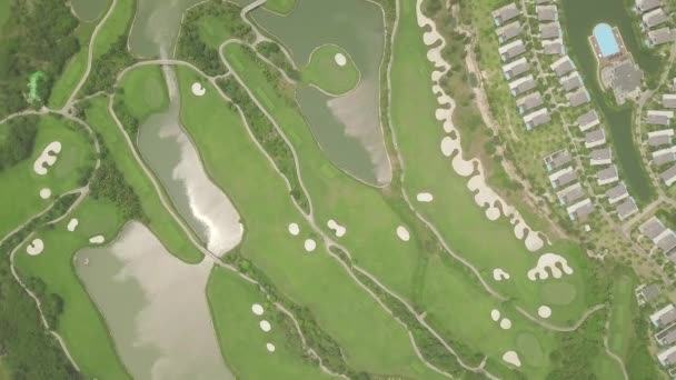Gröna golfbanor med sjö i lyxig stugbyn antenn landskap. Top utsikt från Drone Golf Club med grön fält och sjö och herrgård och villor i Luxury Village. — Stockvideo