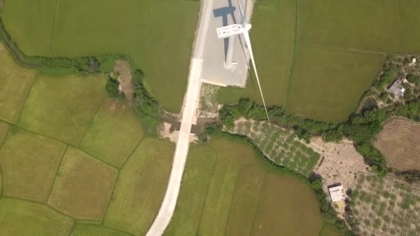 Turbina de moinho de vento energia renovável em campo agrícola verde vista drone. Vista aérea da geração de energia eólica. Gerar energia alternativa renovável e limpa. Estação de vento. Ecologia amigável — Vídeo de Stock