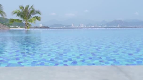 Mavi deniz ve şehir panorama arka plan üzerinde resort otelde lüks sonsuzluk havuzu. Deniz plajı ve modern şehir manzarası palmiye ağaçları manzaralı lüks otelde yüzme havuzu. — Stok video