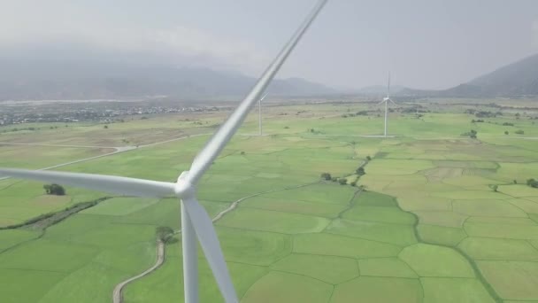 Estación de aerogeneradores en campo verde vista dron. Fuente natural alternativa y conservación de la ecología. Generación de energía eólica. Tecnología verde, solución de energía renovable limpia. Concepto ecológico . — Vídeo de stock