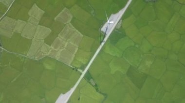 Rüzgar güç türbini jeneratörleri yeşil alan hava görüşünde. Enerji istasyonundaki rüzgar jenerasyonu yukarıdan drone görüntüsünde. Alternatif enerji kaynakları, güvenli ekoloji ve çevre koruma.