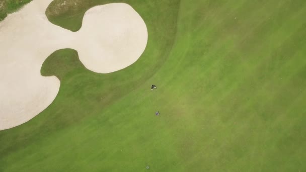 Golfozó játszik a Golf a zöld tanfolyam felülnézetben repülő drone. Légifelvételek az emberek játszanak a zöld mezőben a golfklubban. Sport-és hobbi koncepció — Stock videók