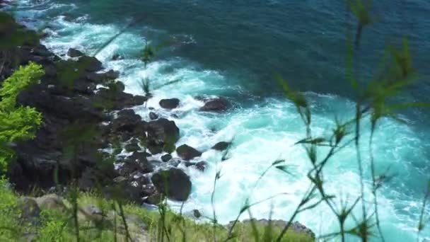 緑の植物の背景に岩のビーチに壊れる海の波。荒波は、嵐の間に泡とスプレーで石の崖に飛び散ります。山の崖に砕くターコイズブルーの水. — ストック動画