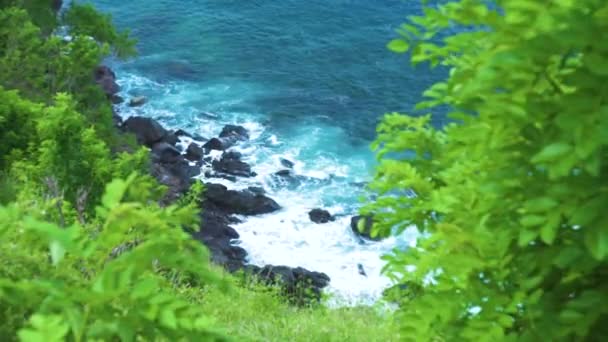 緑の植物の背景にスプレーと白い泡で岩の崖に押しつぶす海の波。岩の多い島に海の波が飛び散る。海の風景を壊す. — ストック動画