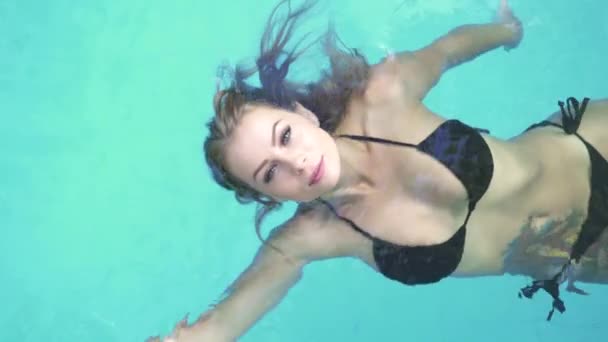 Förförisk kvinna i svart bikini i pool. Topp Visa vacker kvinna simma i blått vatten pool och ser till kameran. Sexig kvinna poserar i blått vatten. — Stockvideo