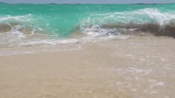 Turquoise sea waves splashing on sandy beach on blue skyline landscape. Ocean waves splashing on sandy beach on horizon background. Sea surf background. — Stock Video