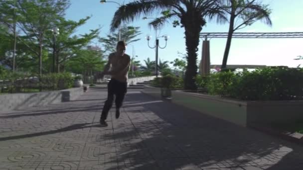 Deportista haciendo salto de parkour y voltereta en el parque de verano. Hombre atleta practicando ejercicio de carrera libre. Coraje, jóvenes. Deporte de adrenalina. Entrenamiento extremo al aire libre. Formación en habilidades . — Vídeos de Stock