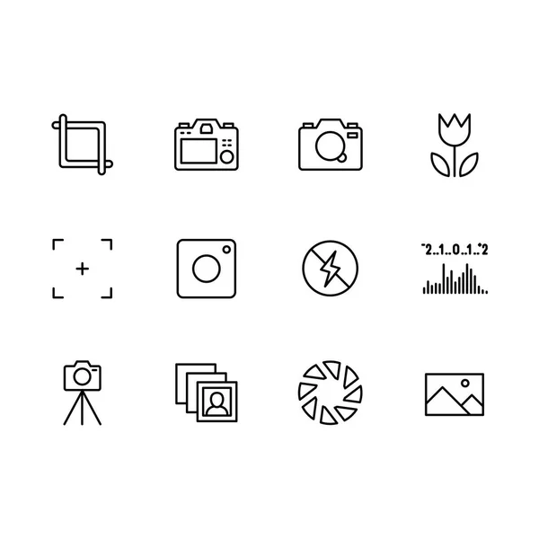 Fotoğraf ve fotoğraf kamerası, video çekimi simgesi basit semboller ayarlayın. Fotoğraf makinesi ayarları, deklanşör hızı, diyafram, iso, flaş, lens, denge, çiçek, çerçeve, portre, resim.