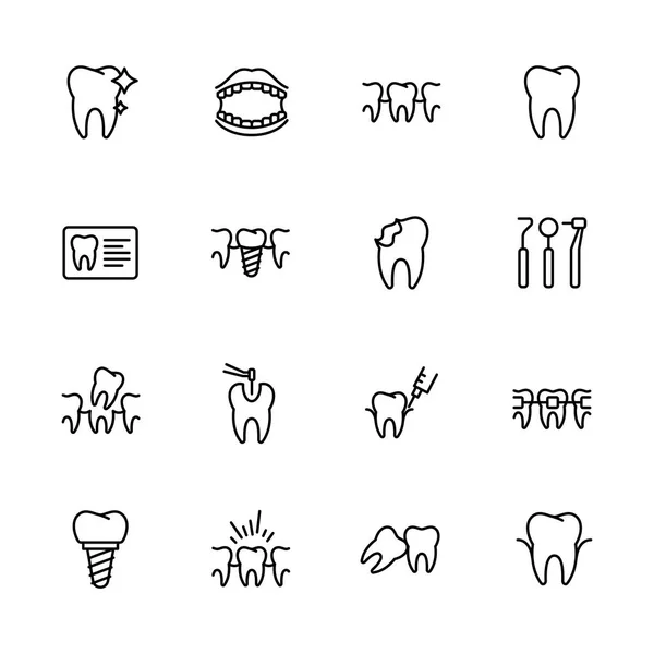 Zdravotní zuby, zubní péče, stomatologie, ikona na lékařské klinice jsou nastaveny jednoduché symboly. Obsahuje zubní zuby, složené závorky, plenky, karmy, zubní lékařství, ústní péči, implantaci a ortodontika.. — Stockový vektor