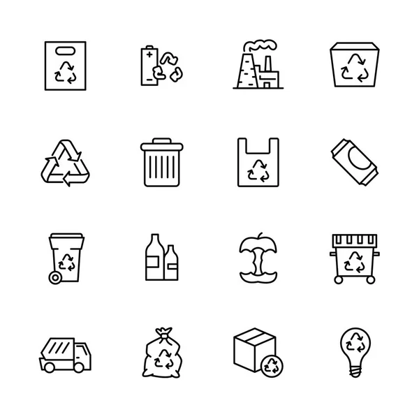 Sopuppsamling och avfallshantering Icon enkla symboler som anges. Ekologi och miljö säkerhet. Bearbetning av matavfall och plast på modern fabrik. Trach återvinning och sortering. — Stock vektor
