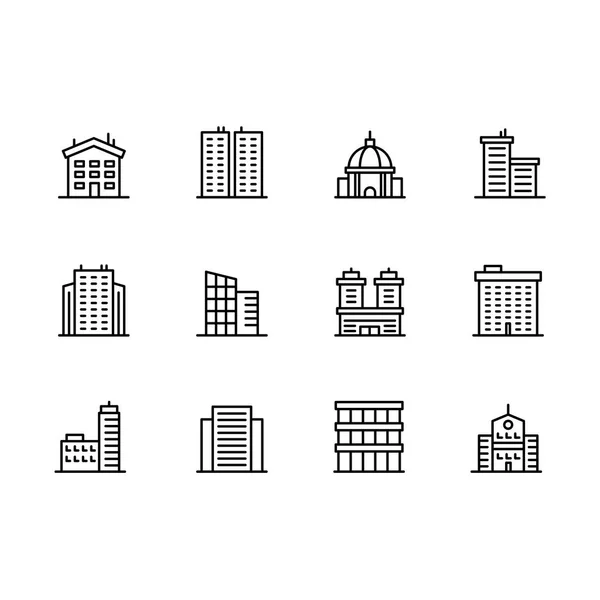 Jednoduché symboly na ikoně a budově. Obsahuje obchodní kancelář ikon, městský mrakodrap, obytnou budovu, městský byt, sídlo. Výstavba, pozemky, architektura a design. — Stockový vektor