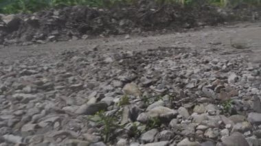 Motosikletçi dağda çakıl yolda motosiklet sürme. Moto bisikletçi rocky off road motosiklet üzerinde sürüş. Moto spor ve seyahat. Motosiklet yaşam tarzı.