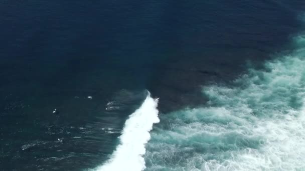 Vista a volo d'uccello del surfista in sella e voltando via lo spray su un'enorme onda oceanica . — Video Stock