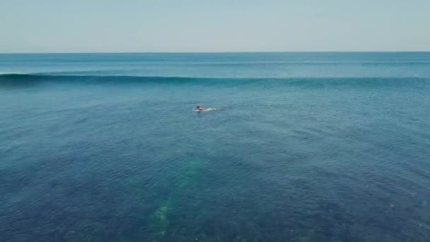 Κινηματογραφική εναέρια άποψη πάνω από ένα σέρφερ ιππασία ένα κύμα θραύσης στον ωκεανό το καλοκαίρι. — Αρχείο Βίντεο