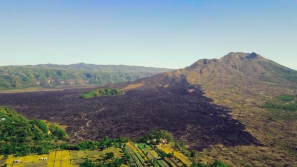 Aerial view of mountain slope with solidified lava flow partly burnt bushes. — Stock Video