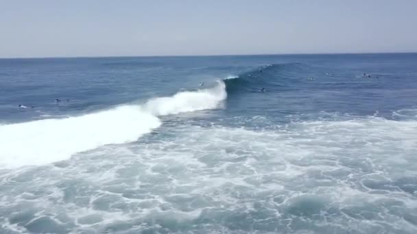 Vista dall'alto verso il basso dei surfisti nel mare blu smeraldo cavalcando onde e facendo acrobazie . — Video Stock