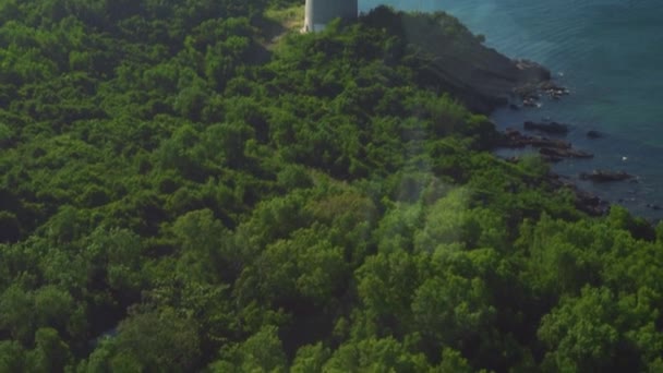 Dron przelatuje nad zieloną leśną tramwajem powietrznym nad tropikalnymi wyspami i błękitnym oceanem. — Wideo stockowe