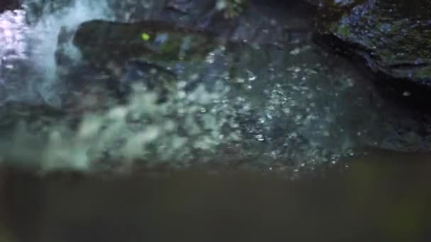 Druppels water uit een waterval die op de rotsen spatten. — Stockvideo