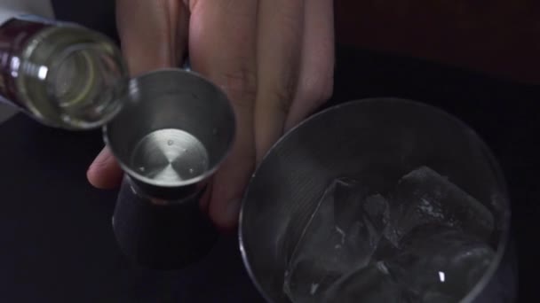 Barman in het proces van het maken van een cocktail gieten wodka in cocktailshaker. — Stockvideo