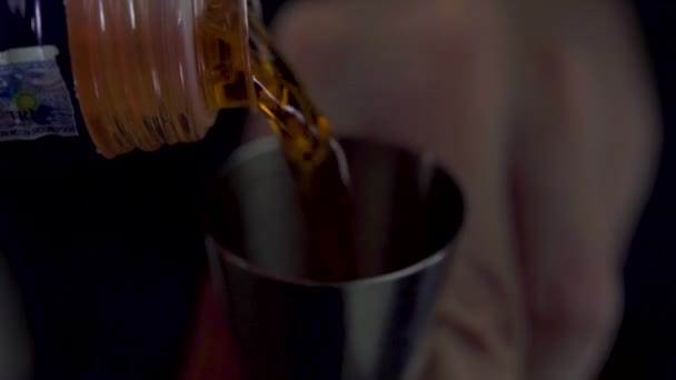En bartender hand häller whisky i en kopp och lägga den i ett glas med is. — Stockvideo